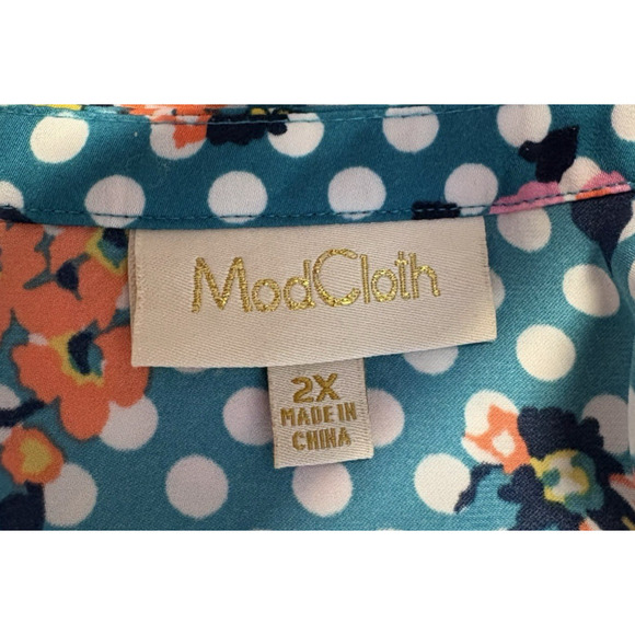 ModCloth Women 2X Top Blue Polka Dot Floral Sleeveless V-Neck Retro‎ Lightweight - Picture 4 of 12